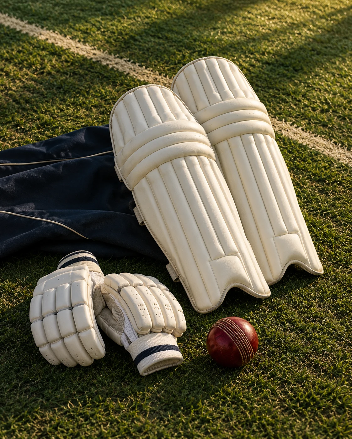 Illustrative cricket batting pads, gloves and a red leather ball on turf