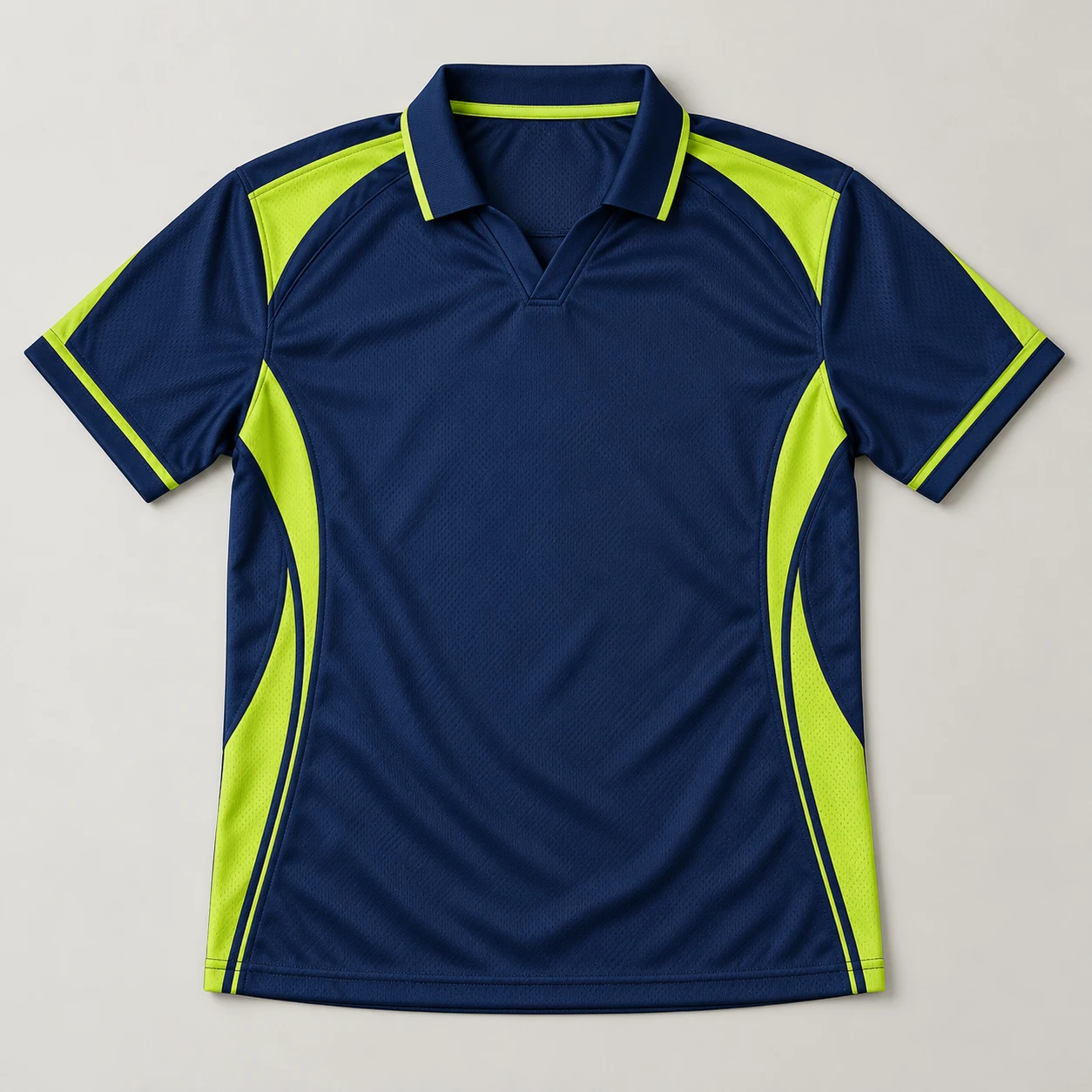 Illustrative navy cricket jersey with lime accent panels